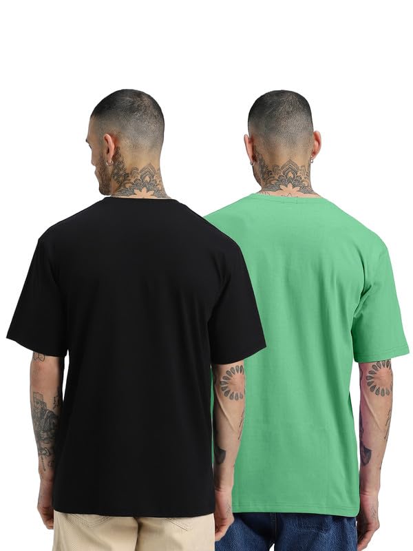 Image of Veirdo Solid Oversized 100% Pure Cotton Combo T-Shirt for Men & Boys (Half Sleeves, Round Neck, Drop Shoulder, Baggy Fit, Pack of 2, Available in S to 2XL