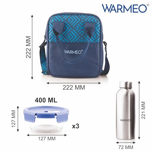 Image of WARMEO BOROFRESH Set of 4 Borosilicate Glass Tiffin (3 Round Container,400ml Each + 1 Steel Bottle 750 ml)| Leakproof, Microwave & Dishwasher Safe Lunch Box with Bag for Office, College & School