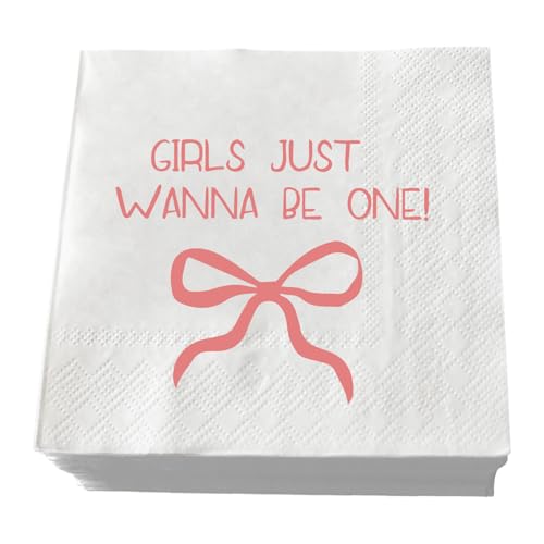 SWEETTALA Girls Just Wanna Be One Napkins 50 Pack White and Pink Bow First Birthday Cocktail Napkin Sweet One Bow Girl's 1st Baby Shower Party Decorations 3-Ply