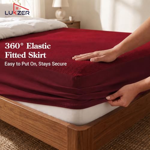 Image of Lukzer Waterproof Mattress Protector Maroon King Size 78 x 72 Inches (6.5 x 6 ft) Ultra Soft Terry Cotton Feel Fabric with Elastic Skirting Hypoallergenic and Breathable Mattress Cover
