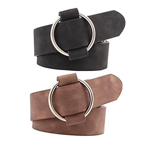2Pcs Women Wide Belt No Needle Round Pin Buckle PU Leather Waistband Black Coffee Stylish Solid Girdle for Fashionable Outfits