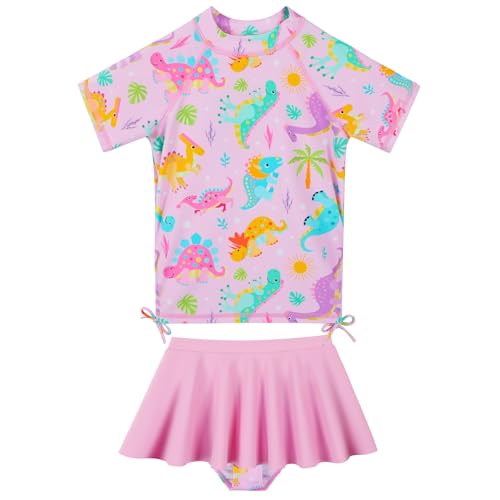 Image of BAOHULU Girls Two Piece Swimsuits Rash Guard Ruffle Bikini Skirt Short Sleeves Beach Dress Swimwear UPF 50+ 3-12Y