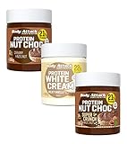 Body Attack Protein Nut Choc, Nuss-Nougat-Creme mit 21% Protein, Schokocreme ohne Zuckerzusatz, Palmölfrei und mit echten Haselnüssen (Creamy Hazelnut, Super Crunch & Milky Vanilla, 3 x 250g)