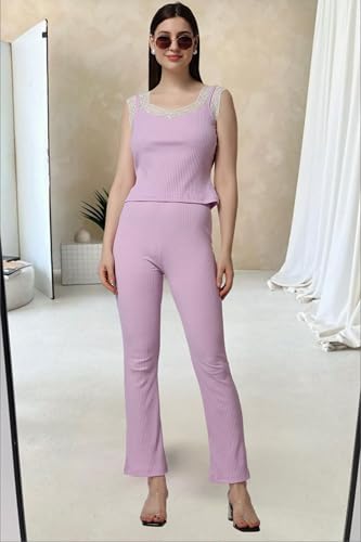Image of POPWINGS Casual Lavender Solid Rib Crop Top and Trouser Co-ord Set for Women