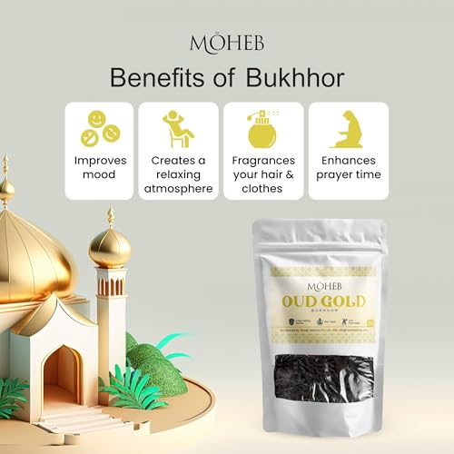 Image of Moheb Bukhur 25 Gram Arabic Fragrance Pouch | Long Lasting & Non-Toxic Bakhoor for Home, Office, Temple, Mosque | Use with Charcoal (Oud Gold)