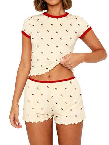 Image of Dressmine Cute Pjs Pajama Sets for Women Sexy 2 Piece Spring Pajamas Lounge Sleep Set Long Sleeve Shorts Sleepwear