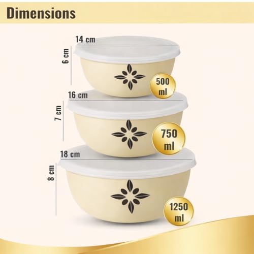 Image of Zaib Microwave Safe Stainless Steel Food Storage Container with Lid | Euro Mixing Bowl Set for Kitchen | 500ml, 800ml, 1250ml | Pack of 3 (ivory Regular set 3)