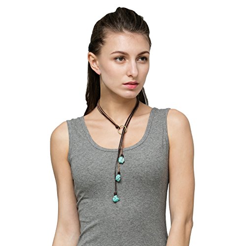PERNNLA PEARL Bohemian Synthetic Turquoise Necklace Handmade Vintage Y-shaped Jewelry with Genuine Flat Brown Leather2