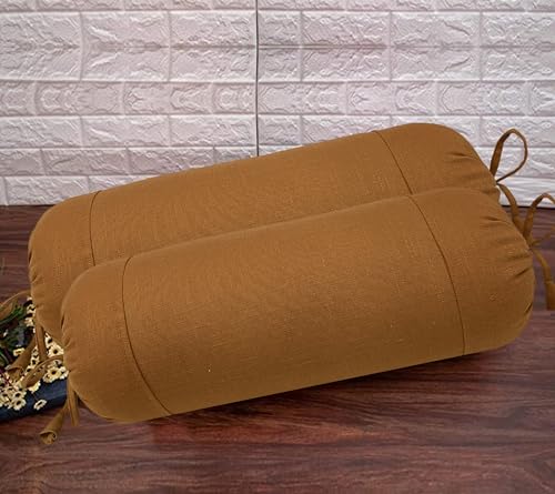 Image of SAJAVAT HOME Cotton Plain Bolster Pillow Cover |15x30 INCHES / 38x76 CMS| Light Brown with Strings |Pack of 2| (eco Friendly)