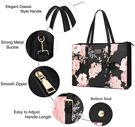 MOSISO Laptop Tote Bag Compatible with MacBook Pro 16 inch 2022 2021 M1 A2485/2019-2020 A2141&15-15.6 inch Notebook, Peony PU Leather Travel Work Briefcase with Detachable Bowknot & Small Purse, Black