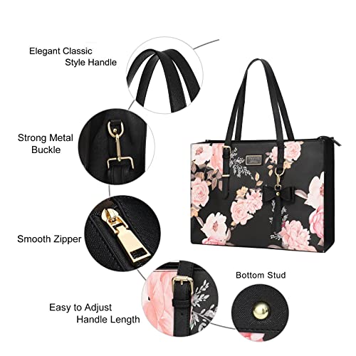 Mosiso Laptop Tote Bag Compatible With Macbook Pro 16 Inch 2022 2021 M1 A2485/2019-2020 A2141&15-15.6 Inch Notebook, Peony Pu Leather Travel Work Briefcase With Detachable Bowknot & Small Purse, Black #TOP1