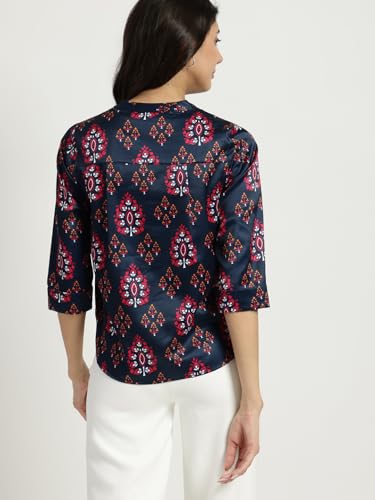 Image of FableStreet Women Shirt Work & Casual | Relaxed Fit Mandarin V-Neck Three-Quarter Sleeves Solid Pattern | Breathable Woven Fabric for Office & Everyday Wear