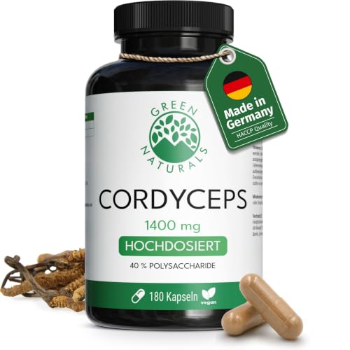 Green Naturals Cordyceps Sinensis Kapseln 1.400 mg Extrakt je Tagesdosis (10:1 = 14.000 mg) 40% Polysaccharide standardisiert vegan & ohne Zusatzstoffe 180 Kapseln für 3 Monate
