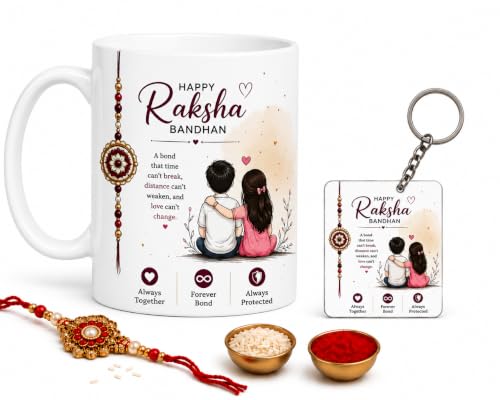 Image of Raksha Bandhan Sibling Mug Combo | Ceramic Mug, Rakhi, Roli, Chawal & Keychain