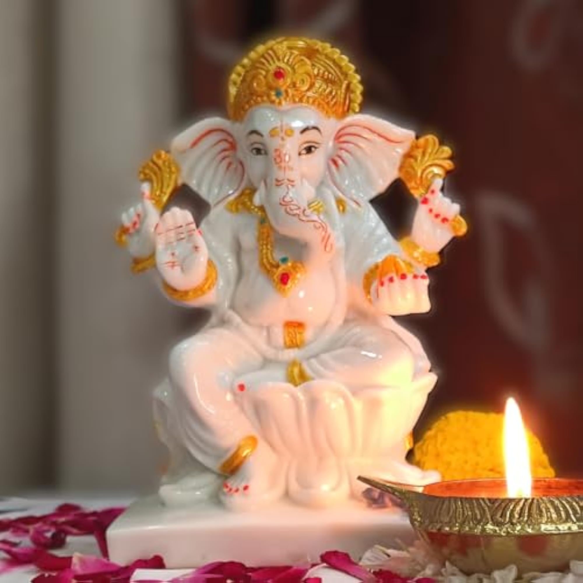 Marble Dust Ganesh Idol, 7 Inch White Kamal