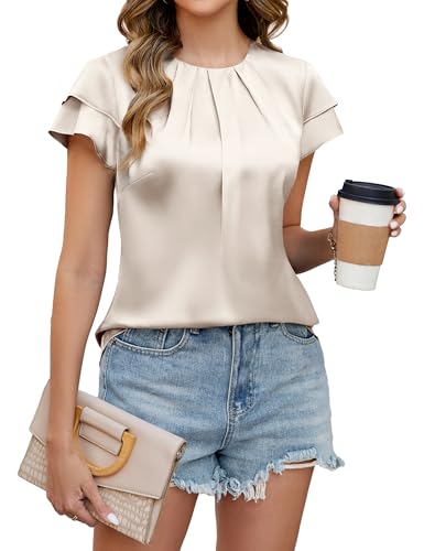 Blooming Jelly Womens Dressy Business Casual Blouse Pleated Ruffle Short Sleeve Satin Silk Work Shirt Summer Tops 2025