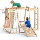 OLAKIDS Indoor Jungle Gym, 9 in 1 Wooden Montessori Baby Climbing Toys with Adjustable 2 Swings Ramp, Monkey Bar Basketball Hoop Ladder Climb Net (Natural)