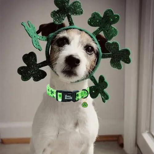 Image of St Patrick's Green Trefoil Print Dog Collar for X-Small Dogs | Daily Walks,Irish Parade,Spring Picnic Hiking,Adjustable,Cotton Fabric,Quick Release Plastic Buckle,Pendant,Female /Male Dog