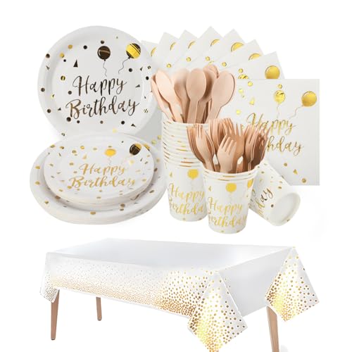 141 pieces Happy Birthday partygeschirr Set | Weiß gold pappteller geburtstag partygeschirr geschirrset, Tablecloth, Plates, Cups, Napkins,Party For Birthdays Aus 100% Papier(20 Gästes)