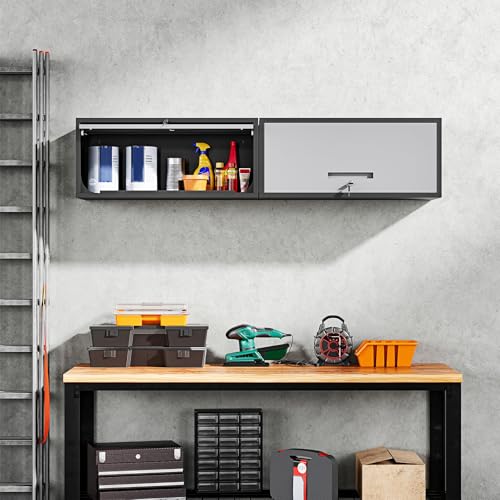 Image of Yizosh Metal Garage Wall Cabinet with Doors, Wall Mounted Metal Storage Cabinet, Floating Garage Tool Cabinet for Garage, Basement, Kitchen, Warehouse (Black Gray, 13.7 inch H)
