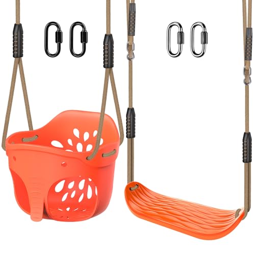 Image of SELEWARE Orange Toddler Swing Set - Heavy-Duty High Back Full Bucket Toddler Swing Seat & Kids Tree Swing with Adjustable Ropes, Backyard Playground Swing Set Accessories for Kids, Indoor /Outdoor Use