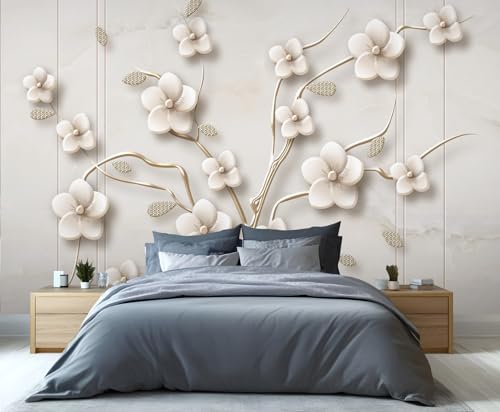 Papier peint floral blanc doré relief 3D, cache les défauts muraux