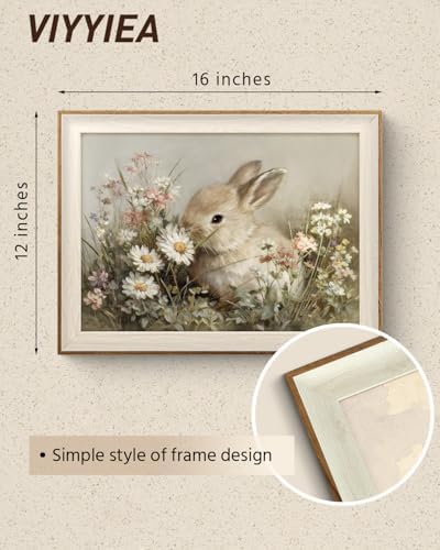 VIYYIEA Easter Vintage Bunny Framed Wall Art, Spring Floral Canvas Decor, Rabbit Painting for Holiday Home Decor, Cute Animal Print for Nursery Living Room and Seasonal Gifting, 12x16 Inch — view 5