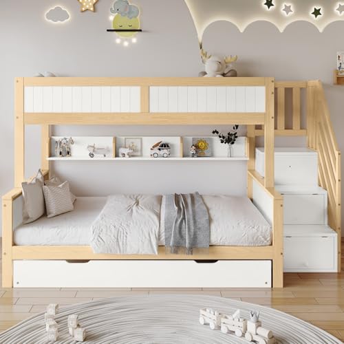 KOMHTOM Litera con armario pequeño cama entrepiso de 2 plazas con escalera, cama infantil con cama nido de 90 x 190 cm y somier de láminas (colchón no incluido)