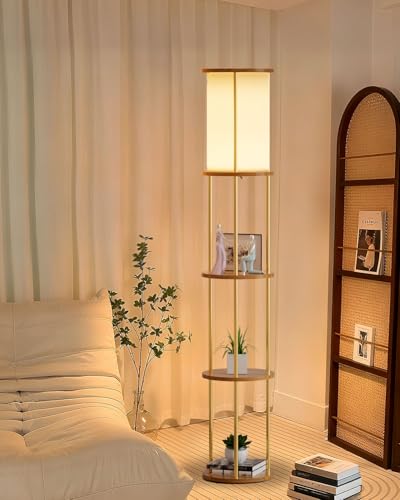 Image of Lightdot 61 inch Floor Lamp with Shelves, Modern Gold Floor Lamp with Fabric Shade and 3- Tier Solid Wood Table Attached, Corner Bookshelf Lamps with 3000K Bulb Included for Sofa Beside /Corner Decor