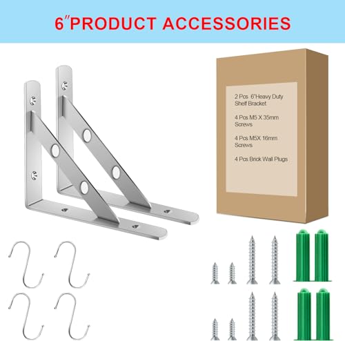 Gearmatte Heavy Duty Shelf Bracket, 6"" Stainless Steel L Shaped Solid Shelf Support Corner Brace Joint Right Angle Bracket,Max Load: 440 Lb Wall Mounted Floating Shelf Brackets Pack Of 2, Silver thumb #5