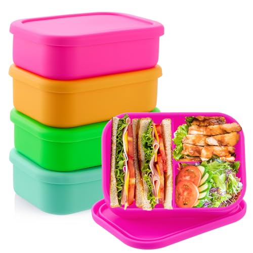 Image of Layhit 4 Pcs Silicone Bento Box for Adults, 27 oz Bento Lunch Container Reusable Food Container for Women Men, Leak Proof Microwave Dishwasher Freezer Safe (3 Compartments,Vivid Colors)