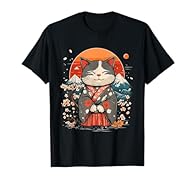 An Illustration of a japanese samurai cat in Front a cherry blossom tree and a Japan Mountain as well as the sun. a nice design if you love japan and the japanese culture. Lightweight, Classic fit, Double-needle sleeve and bottom hem