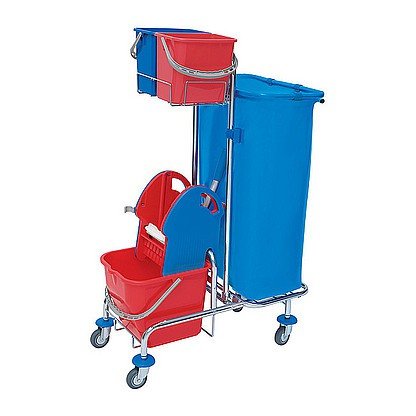 Carro de Limpieza Cromado con Prensa de fregona, Soporte para Bolsas de 120 l y Cubo de plástico, mit 2X 6l Eimer