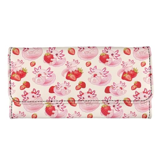 Image of AFPANQZ Blocking Wallets for Women Leather Long Ladies Wallet Axolotl Strawberry Womens Wallet with Coin Pocket ID Window