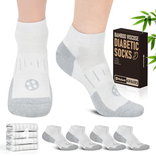 Nolunt Diabetic Socks for Men,4 Pairs Low Cut Bamboo Viscose Wide Mens Diabetic Socks Size 6-9(White-Large)