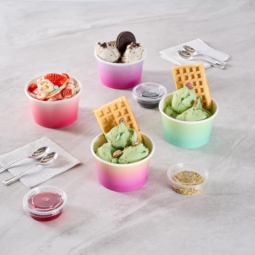 Image of Restaurantware Paper Cups 200 Count 8 Ounce Square Disposable Ice Cream Containers, Leak-Resistant Paper Dessert To Go Cups, Hot And Cold Food, Durable Purple and Yellow Ombre Design