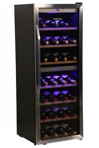 Carysil Wine Cooler, Stores up to 120 Bottles, Free Standing, Dual Cooling Zone (3°C-12°C White & 12°C-20°C Red Wine), Adjustable Wooden Shelves, Toughened Glass Door, LED Display, Ideal for Home