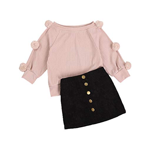 Toddler Baby Girls Fall Winter Clothes Pompom Knitted Sweater + Button Skirt Dress Outfit Set (Pink, 6-7 Years)