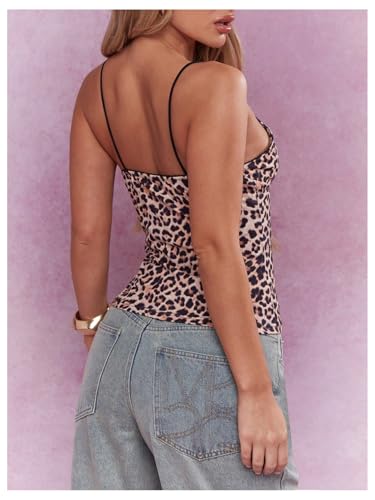 Women's Y2K Leopard Cami V Neck Sleeveless Cami Crop Top Cheetah Spaghetti Strap Tank Top Bow Slim Fit Tops2