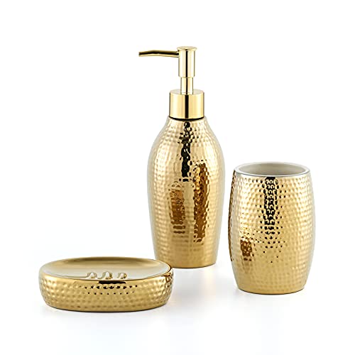 Ensemble distributeur de savon doré, set d'accessoires de salle de bain 3 pièces en céramique, porte-savon et gobelet à dents luxueux pour salle de bain et WC...