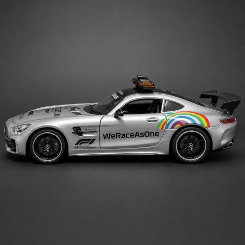 Image of Mercedes AMG GT F1 Safety Car 1:24 Scale Die Cast Metal Car - Pull Back Sports Coupe in Silver with Openable Doors & Hood, Light & Sound, Steerable Wheels, Showpiece for Kids