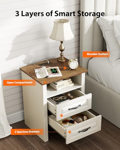 Pipishell Night Stand Set 2 with Charging Station, Farmhouse Bedside Table with 2 Drawers and Open Storage, Rustic End Table with AC Outlets & Type-C Ports for Bedroom, White & Brown, 2 Pack