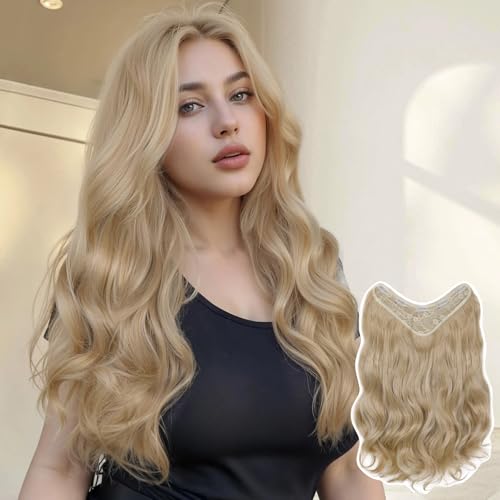 WIGNEE Extension Cheveux Clip-In V Forme 1 Pièce, 51 cm 170 g Blonde Ondulé Synthétique Femme, Effet Naturel, Volume Complet, Longueur & Épaisseur...