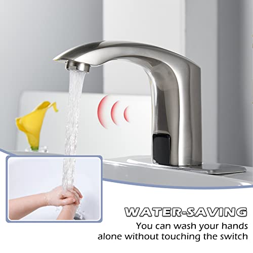 Greenspring Automatic Sensor Touchless Faucet Brushed Nickel Single Hole Bathroom Faucet Hands-Free Battery Powered Solid Brass Modern Vanity Tap With Deck Plate, Control Box And Temperature Mixer #TOP2