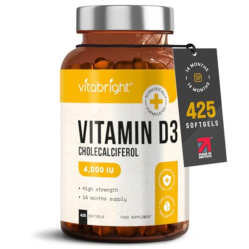 Vitamin D3 4000 IU Daily | 425 Softgels - 14 Month Supply | High Strength Vitamin D Tablets | Sugar-Free Softgels, NOT VIT D Gummies | VitaBright VIT D3 Supplements for Women & Men