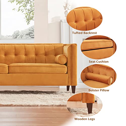 Dreamsir 78'' W Velvet Sofa, Mid-Century Love Seats Sofa Furniture With Bolster Pillows, Button Tufted Couch For Living Room, Tool-Free Assembly (Sofa, Ginger) #TOP5