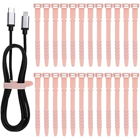 Neepanda 25 Pack Reusable Cable Zip Ties, 4.5 Inch Elastic Silicone Cord Organizer Straps for Bundling and Organizing Phone Charging, Cable Wire, Headphones, Management Home Office Table (Pink) Cover