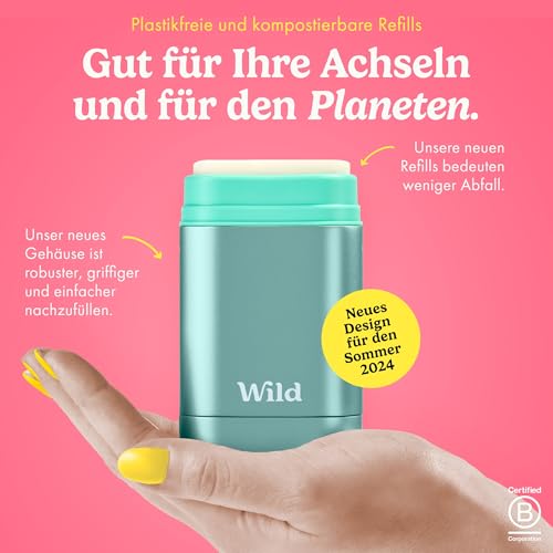Wild - Natürliches nachfüllbares Deo - Aluminiumsalzfrei - Metallicblauer Deobehälter mit Nachfüll-Sortenpaket - Enthält Fresh Cotton & Sea Salt, Cherry Blossom, Coconut & Vanilla Düfte - Vegan