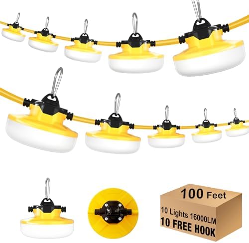 JC-LGL LED Construction String Light 100FT, 130W 16000Lm Industrial LED String Work Lights with 10 Bulbs, Linkable 5000K Super Bright Temporary Lighting for Construction Site, Job Site, Work Site