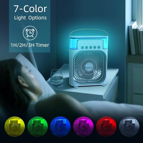 Image of Mini Cooler for Room Cooling AC Portable Mini Fan Artic Cooler with 7 Colors LED Light, 1 /2 /3 H Timer, 3 Wind Speeds and 3 Spray Modes for Office,Home,Dorm,Travel